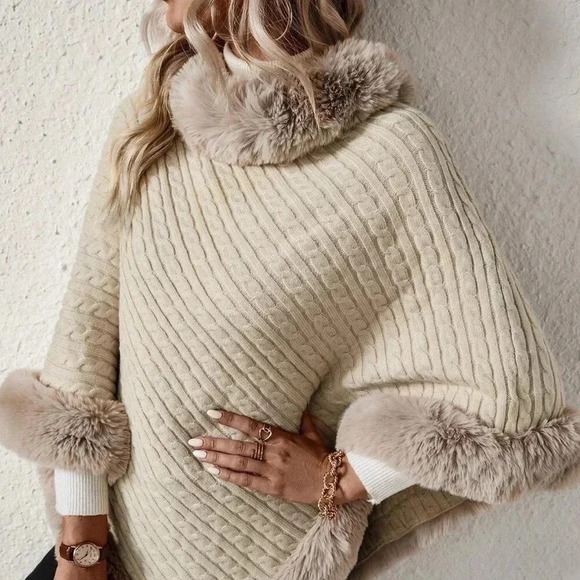 Apricot Casual Women's Turtleneck Fuzzy Trim Batwing Sleeve Poncho Sweater - Picture 4 of 7